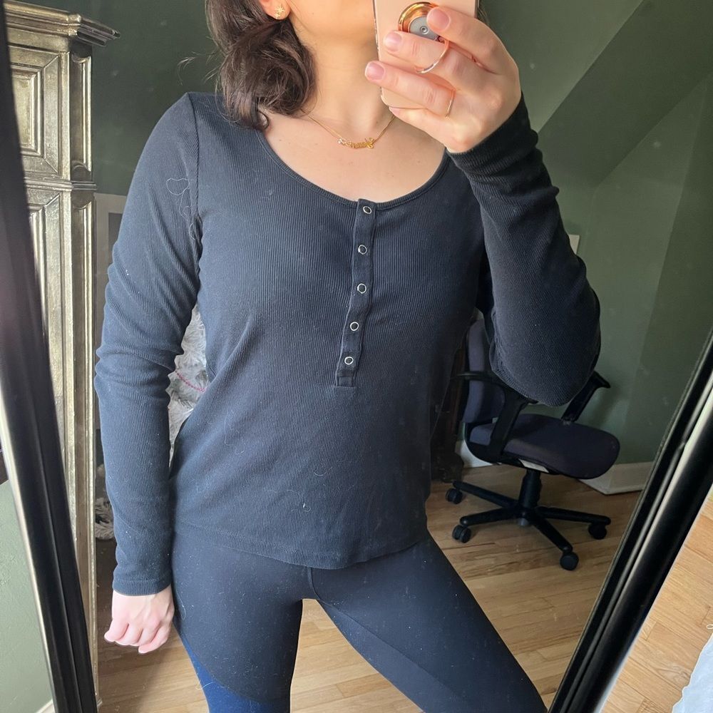 Banana Republic Ribbed Crew-neck Long Sleeve Dark Blue T-shirt cotton